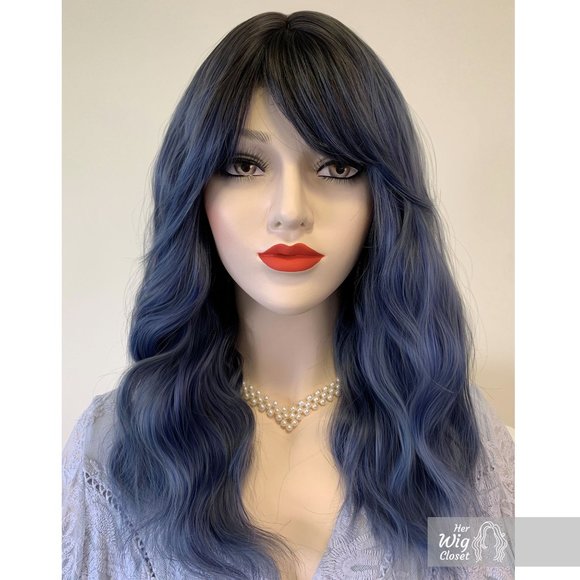 Dark Brown Ash Blue Gray Ombre Wavy Wig with Bangs | ODETA - Picture 3 of 4